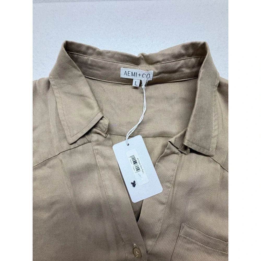 NWT AEMI + CO Paula Button Down Sun Tunic Dress Khaki Tan Minimalist L NEW